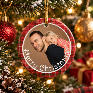 Décoration En Céramique Joyeux Noël avec photo de famille à carreaux rouge