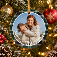 Joyeux Noël avec photo de famille à carreaux verts