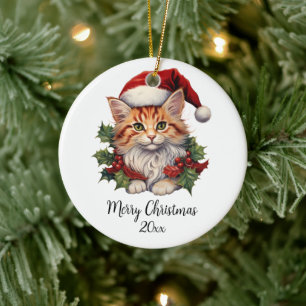 Décoration En Céramique Joyeux Noël Chat Kitten Santa Hat Holly Custom