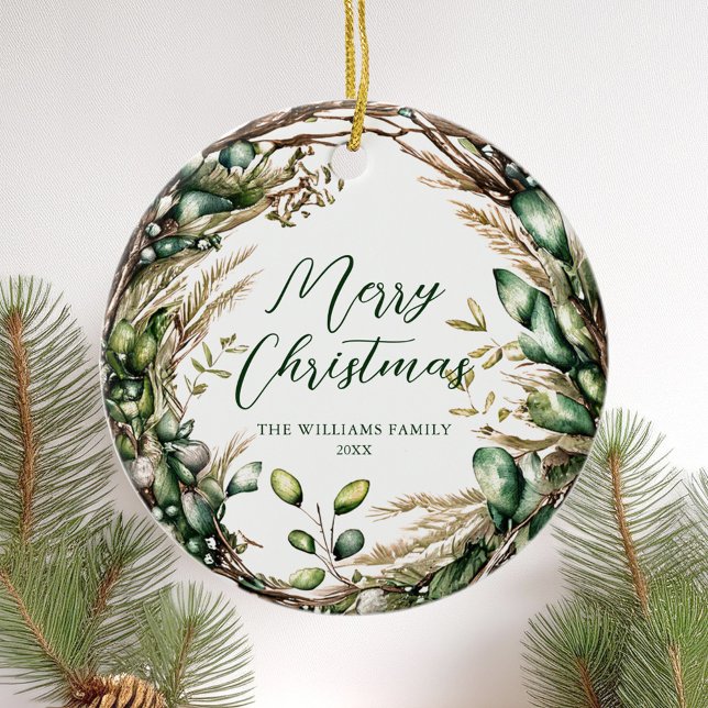 Décoration En Céramique Joyeux Noël Élégant Script Rustique Botanique (Créateur téléchargé)
