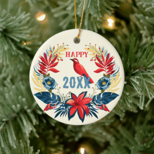 Décoration En Céramique Joyeux Noël et Bonne Année ! 2025 Oiseau Rouge