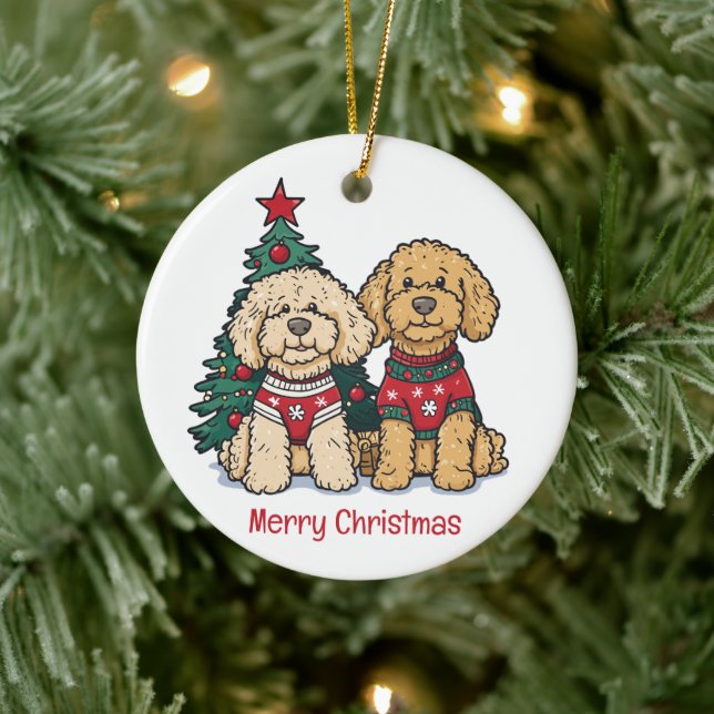 Décoration En Céramique Joyeux Noël Goldendoodle Chiens (Arbre)