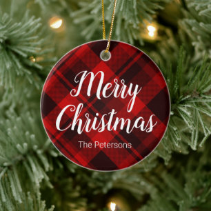Décoration En Céramique Joyeux Noël Personnalisé Nom Rouge Noir Tartan Pla
