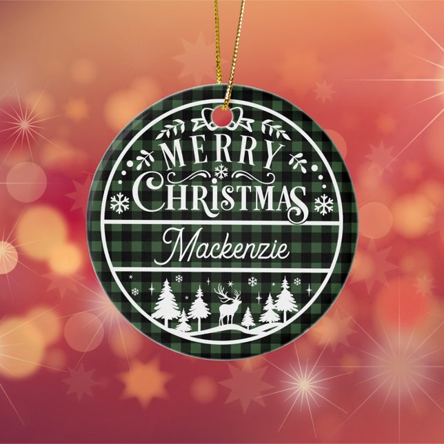 Décoration En Céramique Joyeux Noël rustique Vert & Noir Plaid Personnalis (Créateur téléchargé)