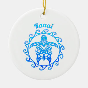 Décoration En Céramique Kauai, tortue tribale bleue de l'océan