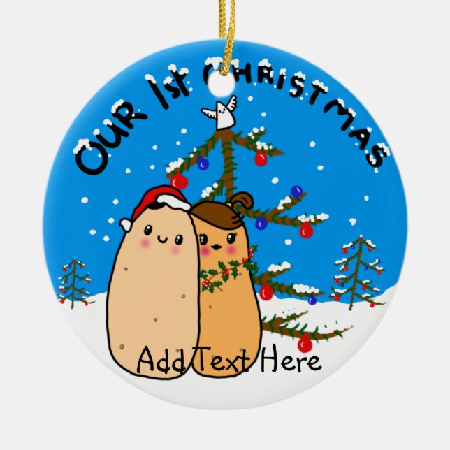 Décoration En Céramique Kawaii Pomme Couple Premier Noël personnalisé (Devant)