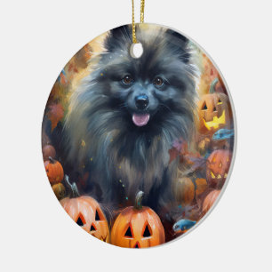 Décoration En Céramique Keeshond d'Halloween avec citrouilles Épouvantable