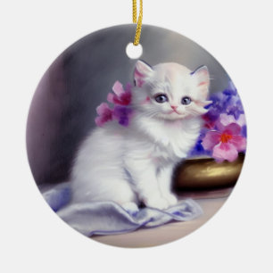 Décoration En Céramique Kitten blanc vintage aux fleurs roses et violettes
