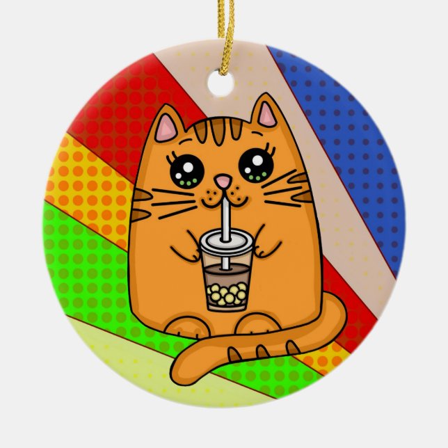 Décoration En Céramique Kitty Chat boit du Boba Tea (Devant)