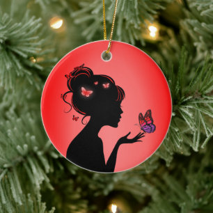 Décoration En Céramique La femme papillons rouges Ceramic Ornament