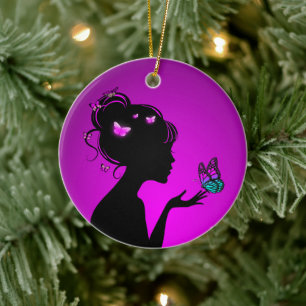 Décoration En Céramique La femme papillons violets Ceramic Ornament