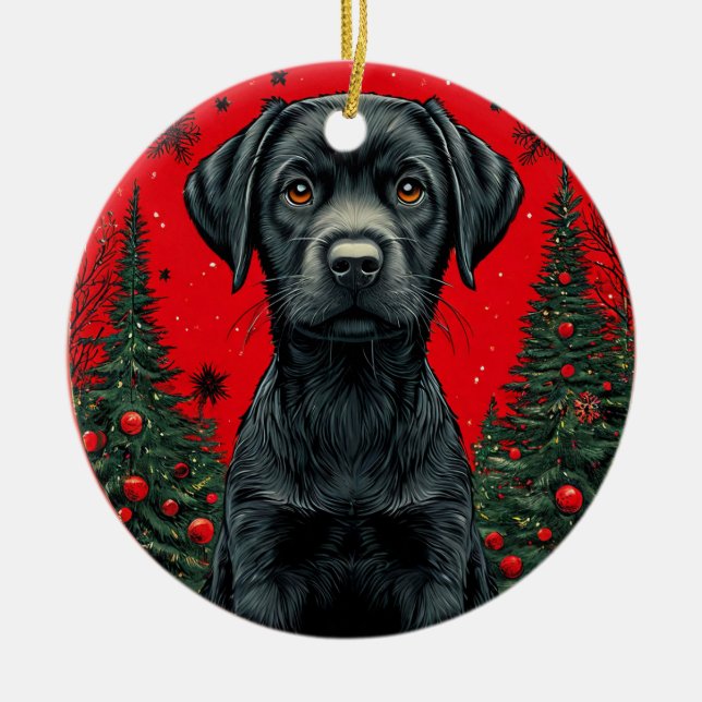 Décoration En Céramique Labrador noir de Noël avec des arbres de fête (Devant)