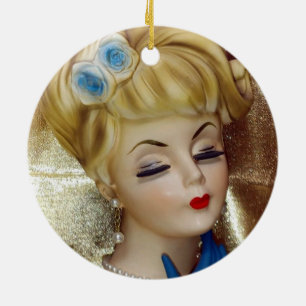 Décoration En Céramique Lady Head Vase Cheveux Fleur Gants Bleus Fancy