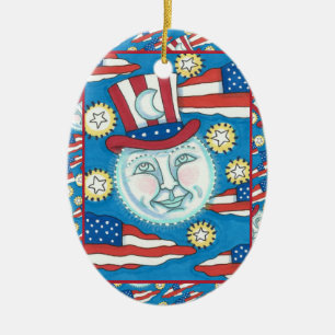 DÉCORATION EN CÉRAMIQUE L'AMÉRICANA FOLK ART PATRIOTIQUE HOMME DANS LA LUN