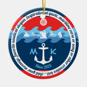 Décoration En Céramique L'Ancre de monogramme ondule nautique bleu blanc
