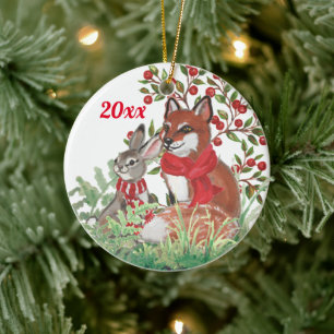 Décoration En Céramique Lapin lapin renard de Noël Botanique Rouge Berry
