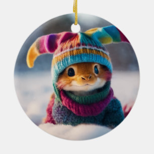 Décoration En Céramique Lapin mignon et duveteux avec un chapeau tricoté