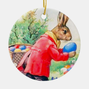 Décoration En Céramique Lapin mignon vintage et oeufs colorés de Pâques