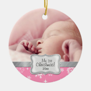 Décoration En Céramique Le 1er Noël du bébé.  Flèche-neige rose et blanc