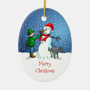 Décoration En Céramique Le bonhomme de neige, garçon et chien sur un ornem