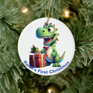 Décoration En Céramique Le premier dinosaure de Noël du bébé. Personnalisa
