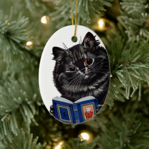 Décoration En Céramique Lecture d'un livre par un chat noir ・ Louis Wain ・