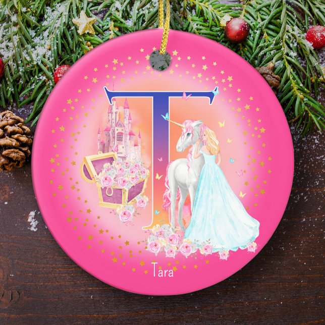 Décoration En Céramique Lettre Unicorne et Princesse T Monogramme Noël (This pretty pink monogrammed Christmas ornament is perfect for your little princess!)