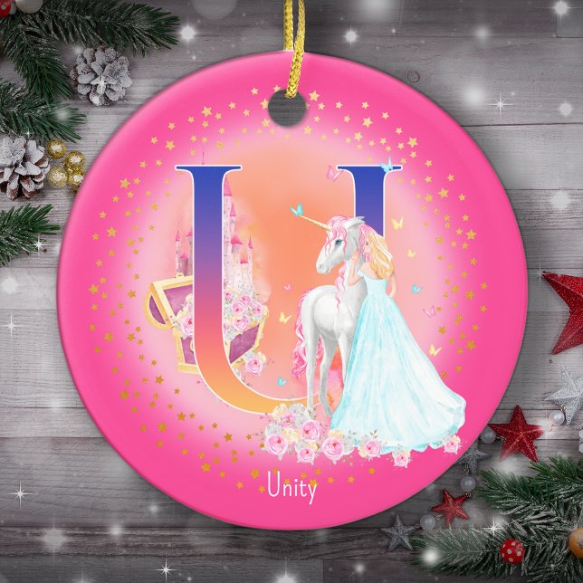 Décoration En Céramique Lettre Unicorne et Princesse U Monogram Noël (This pretty pink monogrammed Christmas ornament is perfect for your little princess!)