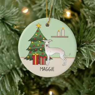 Décoration En Céramique Lévrier Italien Crème Avec Un Arbre De Noël