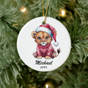 Décoration En Céramique Lionceau de Noël personnalisé avec chapeau de Père