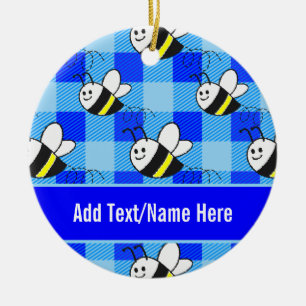 Décoration En Céramique Little Bee Blue Plaid Motif Nom personnalisé