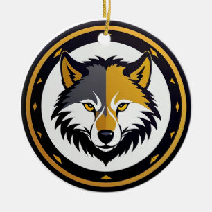 Décoration En Céramique Logo à emblème de loup avec cercle doré