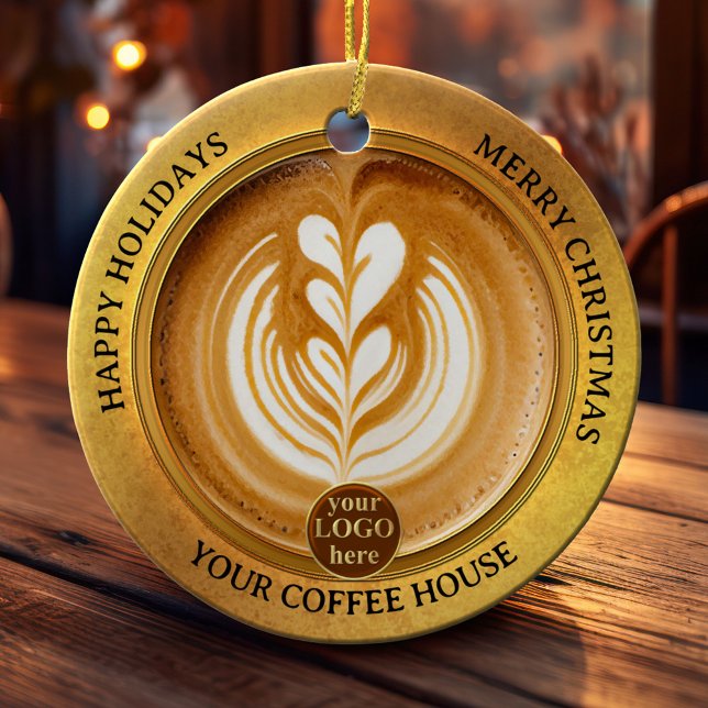 Décoration En Céramique Logo de la Maison du Café Noël (Christmas ornament featuring a cappuccino in an elegant gold styled design with your custom logo)