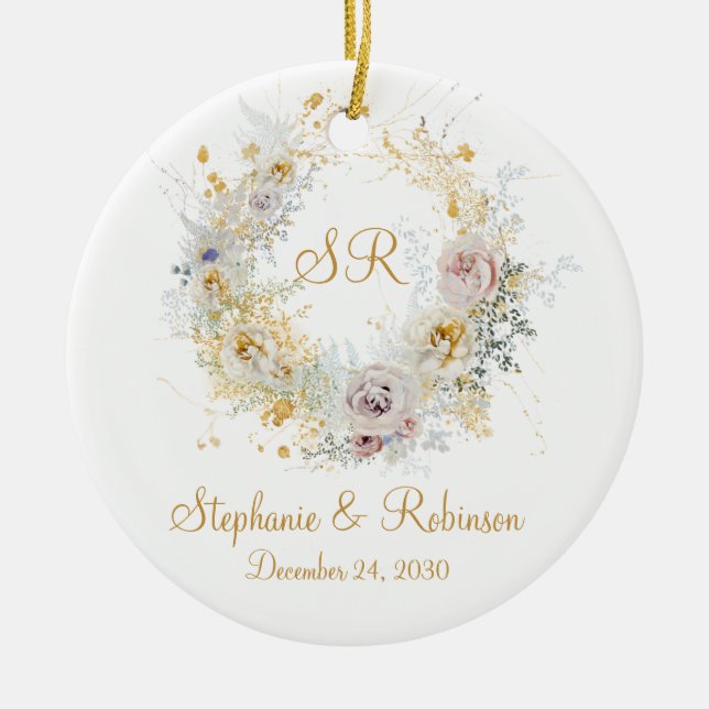 Décoration En Céramique Logo or Floral Monogram Mariage Cadeau (Devant)