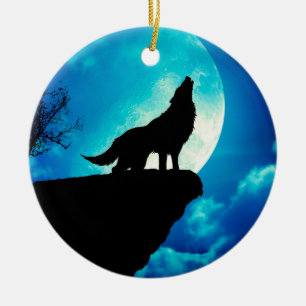 Décoration En Céramique Loup en silhouette hurlant à la pleine lune