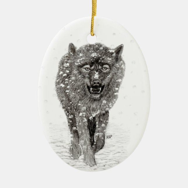 Décoration En Céramique Loup noir en colère dans la neige, hiver sauvage (Devant)