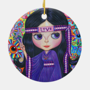Décoration En Céramique Love Hippie Girl Peace Sign Big Eyes Purple Cute