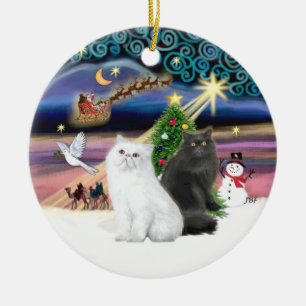 Décoration En Céramique Magie de Noël - Deux chats persans (blanc + noir)