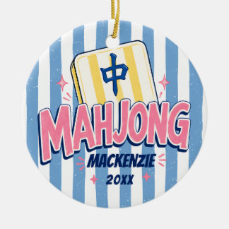 Décoration En Céramique Mahjong rayures bleues de Noël 