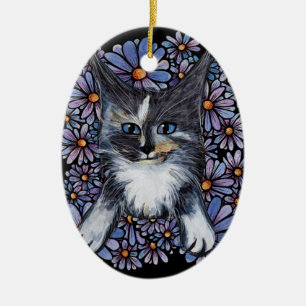 Décoration En Céramique Maine Coon Dilute Calico Cat Purple Daisy