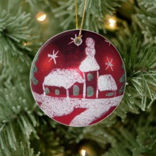 Décoration En Céramique Maison de Noël vintage Rouge Blanc Neige