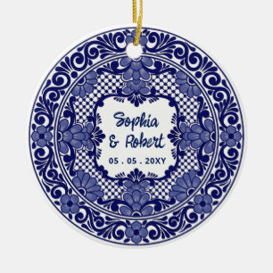Décoration En Céramique Mariage à la Talavera Bleue Mexicaine