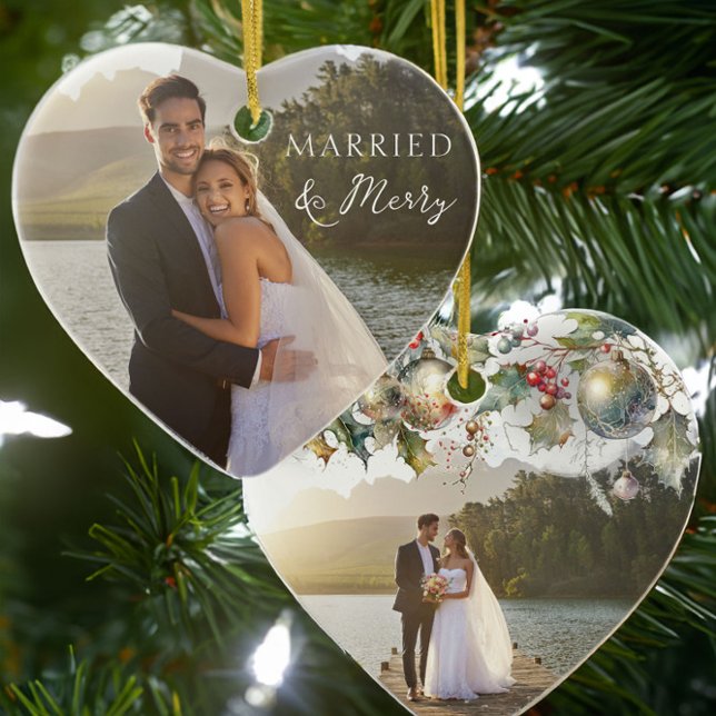 Décoration En Céramique Marié & Joyeux Double Coeur Mariage Photo (Married and Merry wedding photo holiday heart ornament by Darling & May)