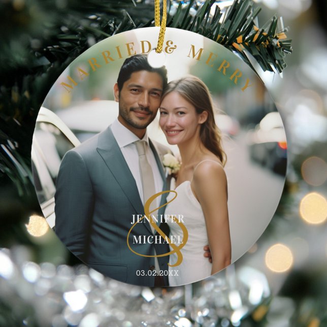 Décoration En Céramique Marié & Joyeux ! Élégant, Simpel, Photo (Married & Merry! Elegant, Simpel, Photo Ceramic Ampersand Ornament)
