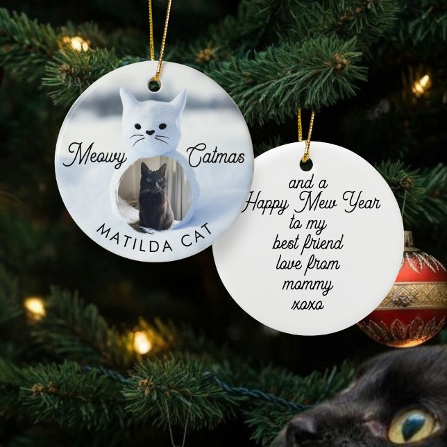 Décoration En Céramique Meowy Catmas Chat Noël (Meowy Catmas! Upload your best friend's photo and add their name and a message to this cute ornament)