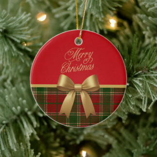 Décoration En Céramique Merry Christmas Plaid Ornament with Gold Bow