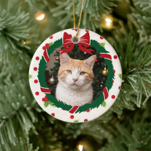 Décoration En Céramique Merry Christmas Wreath and Holly Custom Pet Photo