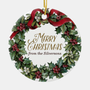 Décoration En Céramique Merry Christmas Wreath Holly Mistletoe Customisé