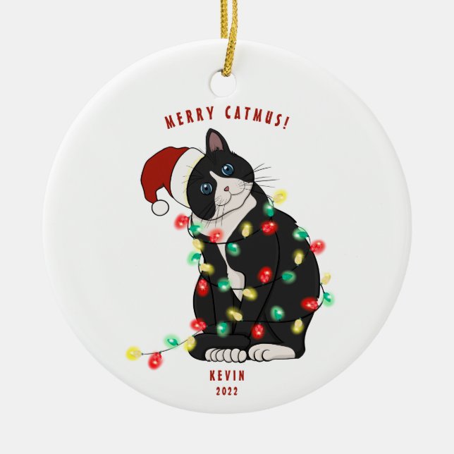 Décoration En Céramique Mignonne Personnalisée Merry CatMus Drôle Noël (Devant)