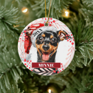 Décoration En Céramique Miniature Pinscher avec un chapeau de Père Noël Or